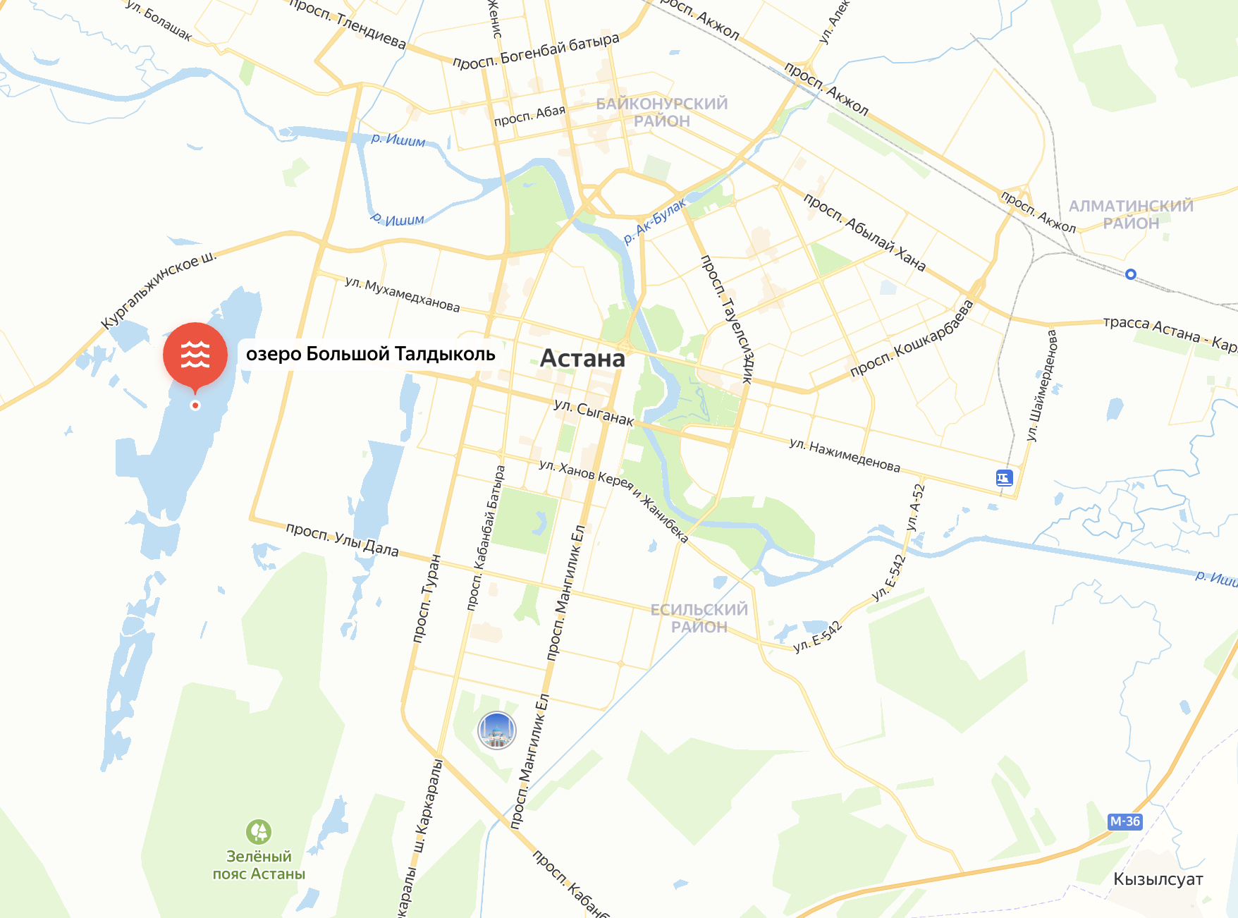 map of Astana with a marker showing "озеро Большой Талдыколь" on the west side of the map